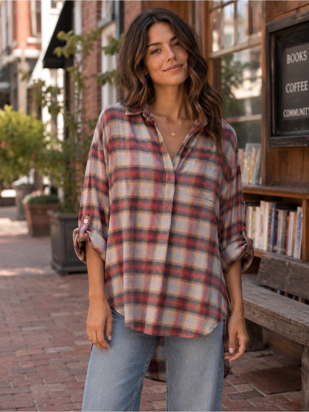En Crème Plaid Flannel Popover Shirt Medium Roll Tab High Low Western Top